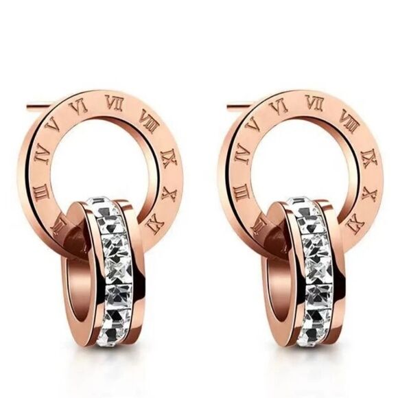 Round Letter Stainless Steel Plating Zircon Earrings - Picture 1 of 17